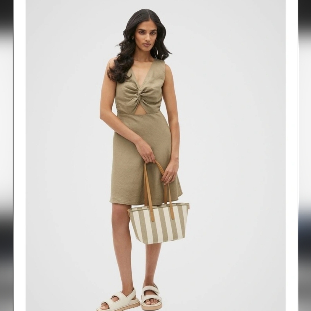 Linen Olive Green Dress With Front Twist Size 12